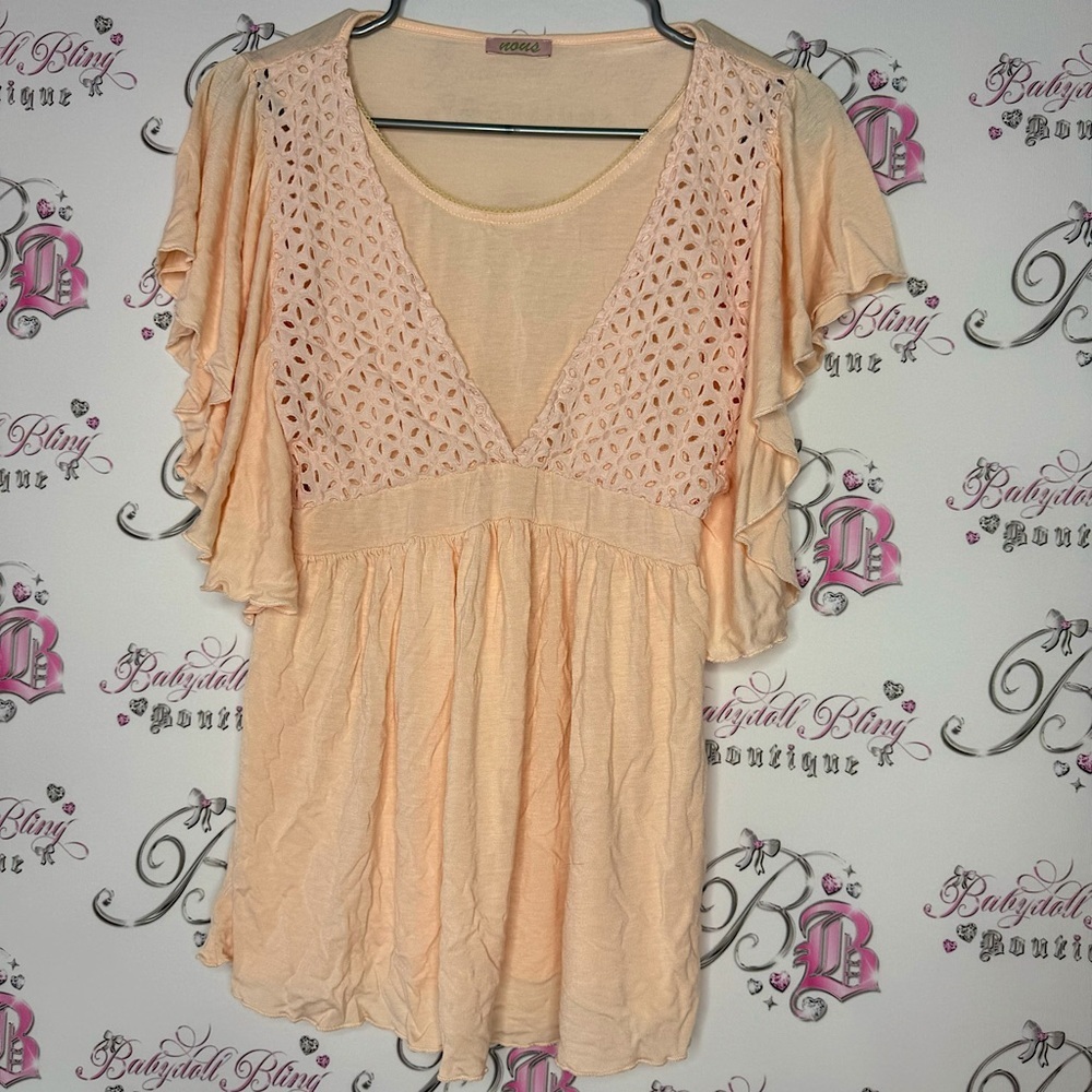 Nous shirt top ruffle frill details arms crochet pattern boho cute peach orange